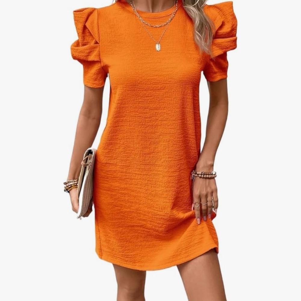 SHEIN Orange Mini Dress with Puff Short Sleeves